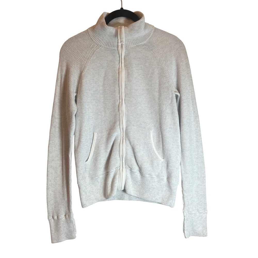 Margaret O'Leary Womens XS Gray Waffle Knit Cotton Full Zip Cardigan Sweater
